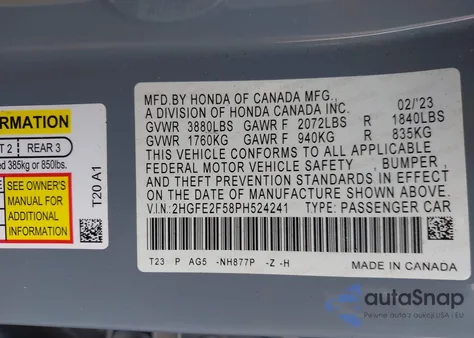 2023 Honda Civic Sport из США, поврежденный, VIN 2HGFE2F58PH524241